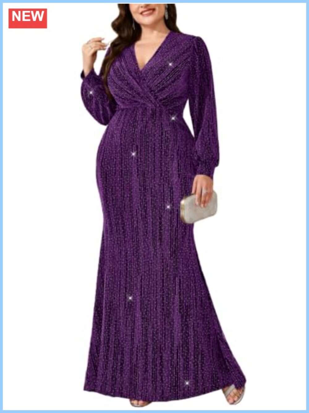 Plus Size Glitter Rhinestone Maxi Formal Evening Dress Puff Sleeve Mermaid Gown